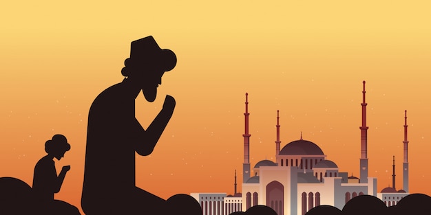 Vector religious muslim men silhouettes kneeling and praying ramadan kareem holy month religion concept nabawi mosque building sunset background flat portrait horizontal