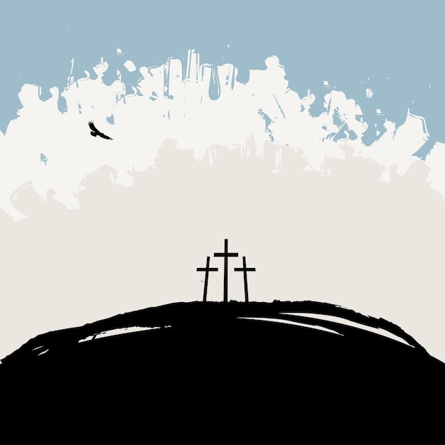 Religious poster with crosses on hill