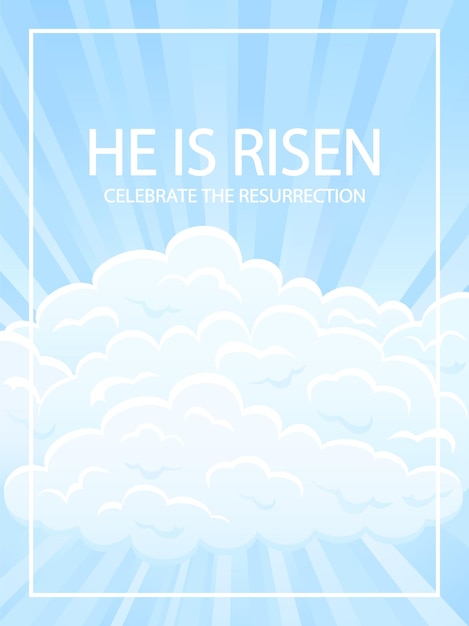 ベクトル 雲の太陽光線とレタリングと宗教的なテーマの青い空の背景彼は復活祭のカードのイラストです
