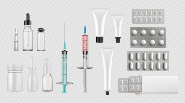Коллекция наборов медицинского оборудования relistic. шаблон стиля реализма обращается лечение таблетки таблетки контейнеры шприц антибиотики на белом фоне. иллюстрация здравоохранения или медицинской поддержки