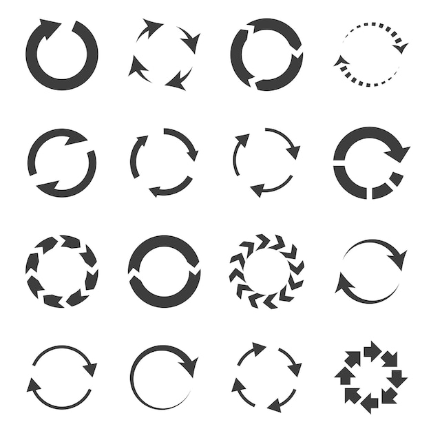 Vettore ricaricare combinazioni di frecce forme rotanti in loop simboli di download della silhouette nera set di segni di aggiornamento rotondo isolato e collegati gruppo di oggetti in movimento pittogrammi circolari grafici semplici vettoriali