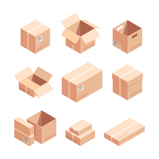 Relocation carton boxes isometric 3d vector illustrations set. sealed and unpacked cardboard packages isolated cliparts pack.