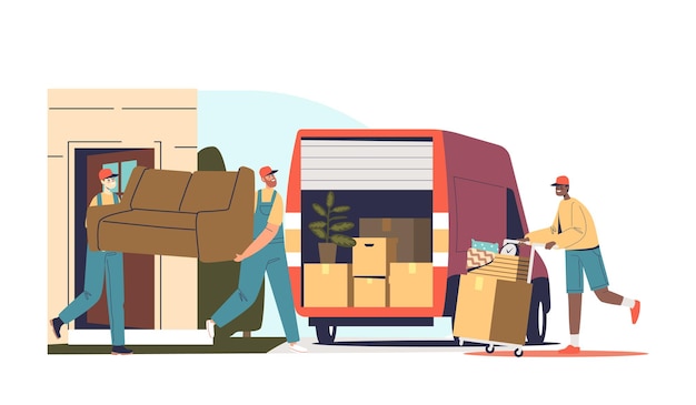 Vector relocation or delivery service worker loaders loading furniture and boxes to truck. moving to new home or apartment concept. cartoon flat vector illustration