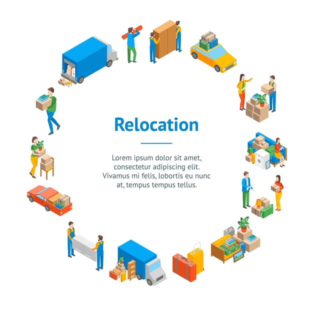 Vector relocation service 3d banner card circle isometric view include of transportation shipping box or container package and storage vector illustration