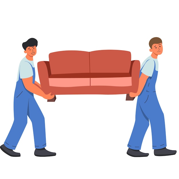 Vector relocation service delivery workers load a sofa residential move logistics flat style