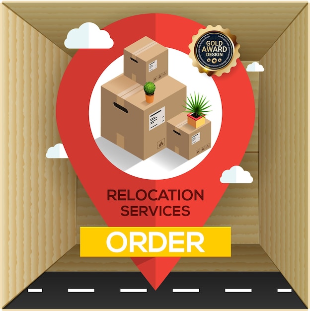 Relocation services concept. Carton boxes and big map pointer! Transport company. Business relocation