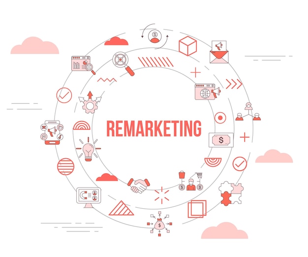 Concetto di remarketing con banner modello set di icone e forma rotonda circolare