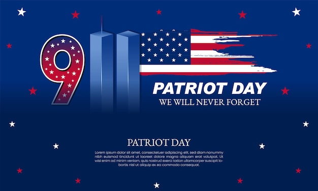 Remembering September 9 11 Patriot Day 11 September Never Forget USA 911 Twin Towers op Amerikaanse vlag World Trade Center Nine Eleven Vector Design Template met rode witte en blauwe kleuren