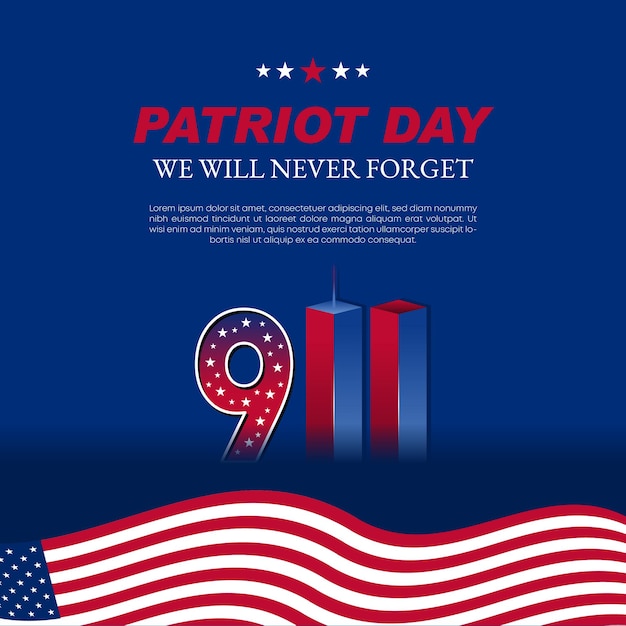 Remembering september 9 11 patriot day 11 september never forget usa 911 twin towers op amerikaanse vlag world trade center nine eleven vector design template met rode witte en blauwe kleuren