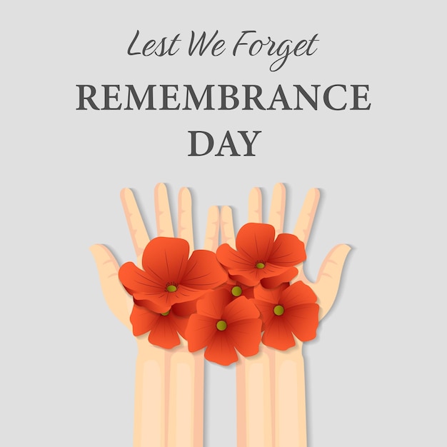 Remembrance day illustration with hands dan poppy flowers