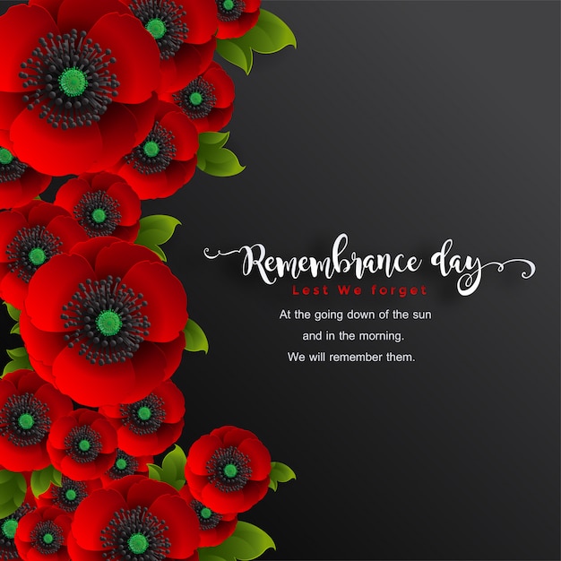 Remembrance day lest we forget. realistic red poppy flower with paper cut art and craft style on background.