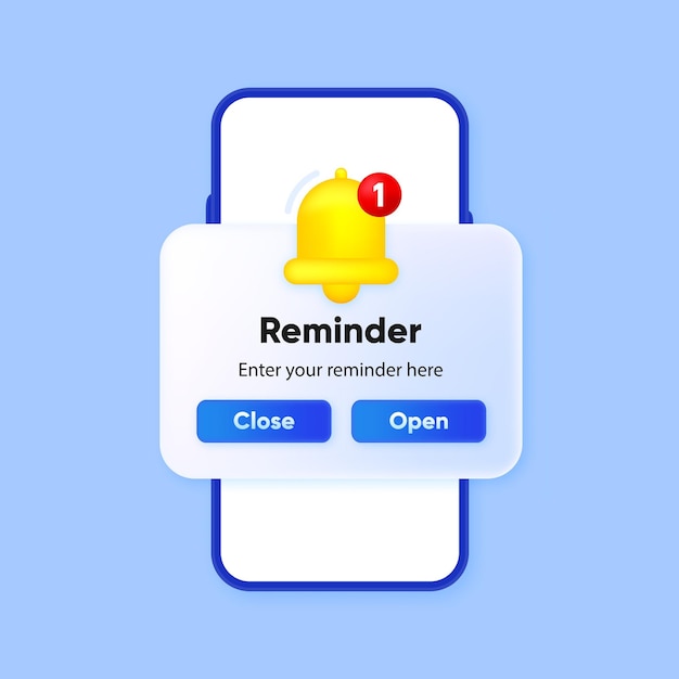 Reminder in 3D design Notifications page Business planning events reminder and timetable Alert