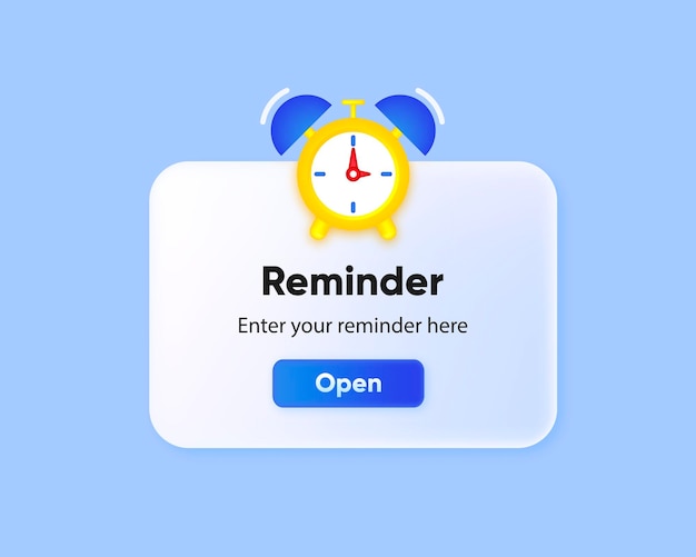 Reminder in 3D design Notifications page Business planning events reminder and timetable