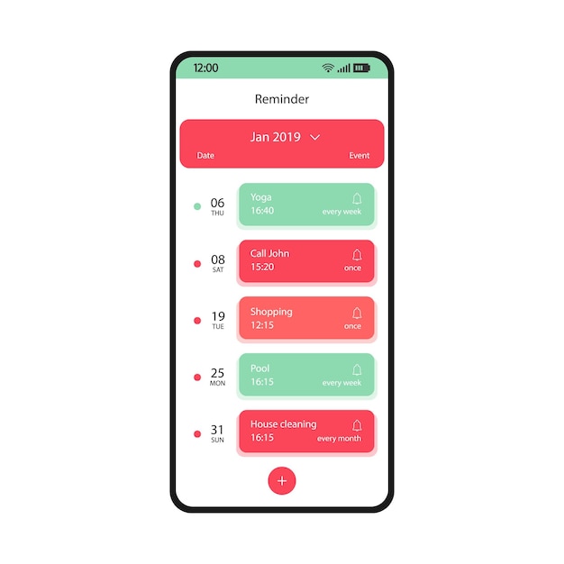 Вектор Шаблон вектора интерфейса смартфона приложения напоминания