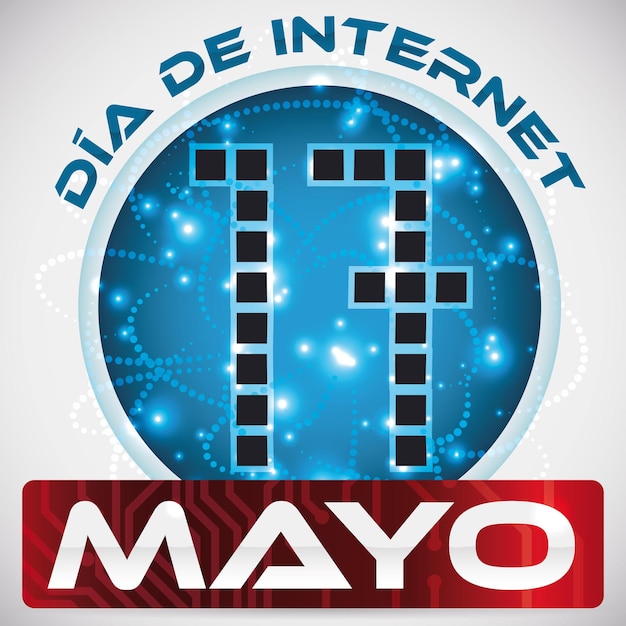 Reminder for Internet Day in Spanish with blue round button circuits and connections glows
