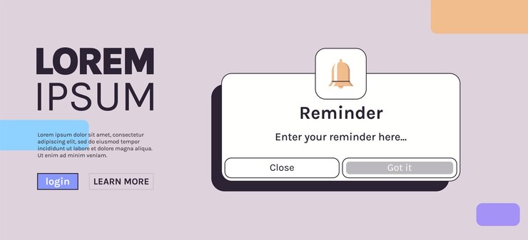 Vector reminder notification page with floating elements and business planning events timetable concept