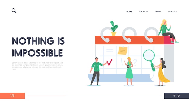 リマインダー、タイムテーブルコンセプトのランディングページ。スケジュールに取り組んでいるビジネスマン。ウェブサイトの卓上カレンダーに関する小さなキャラクターの計画作業プロジェクト。