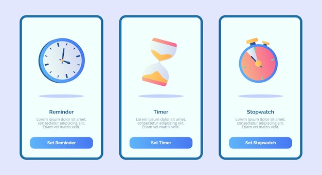 Reminder timer stopwatch for mobile apps template banner page UI with three variations modern flat color style 