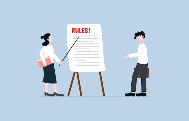 会社のルールの概念を思い出させるHRオフィサーが新入社員のルールと規制を伝える