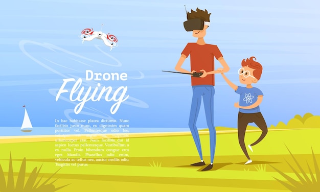 Remote control background Modern drone concept for website card and poster Man teaches child