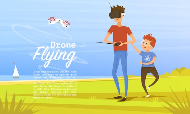 Remote control background modern drone concept for website card and poster man teaches child