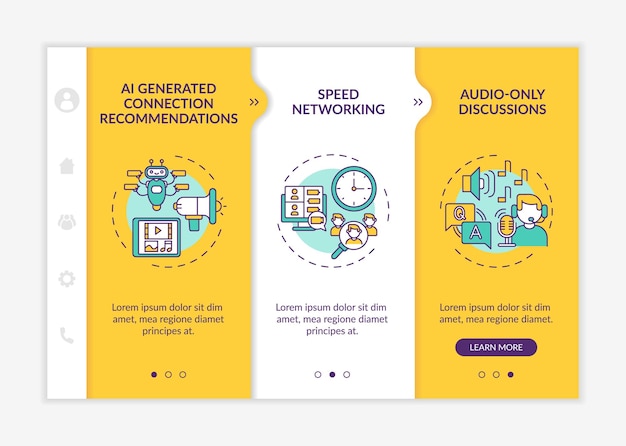 Remote events for networking onboarding vector template. responsive mobile website with icons. web page walkthrough 3 step screens. ai recommendations color concept with linear illustrations