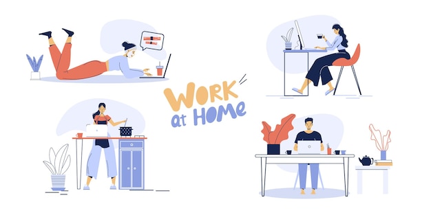 Vector remote freelance work, online education at home set