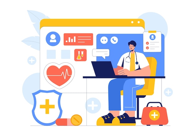 remote health monitoring vector illustration featuring the use of digital technology to track medical and health data in a fat style background