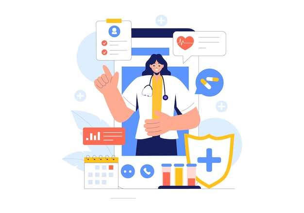 Remote Health Monitoring Vector Illustration met het gebruik van digitale technologie om medische en gezondheidsgegevens te volgen in een vet stijl achtergrond