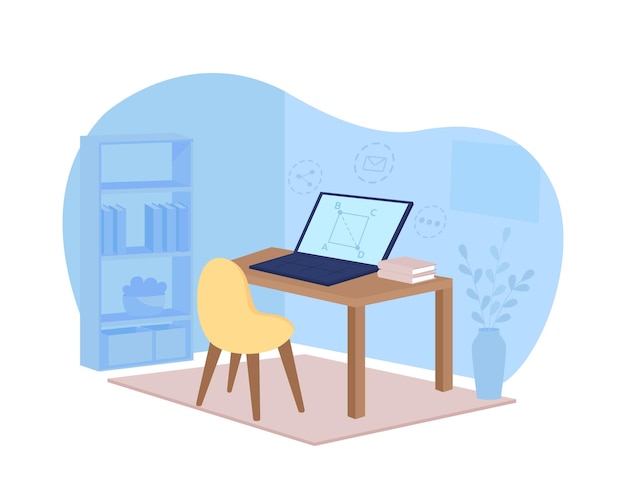 remote learning 2d web banner, poster. math webinar. workstation in blue room flat scene on cartoon . online tutorial on laptop screen printable patch, colorful web element