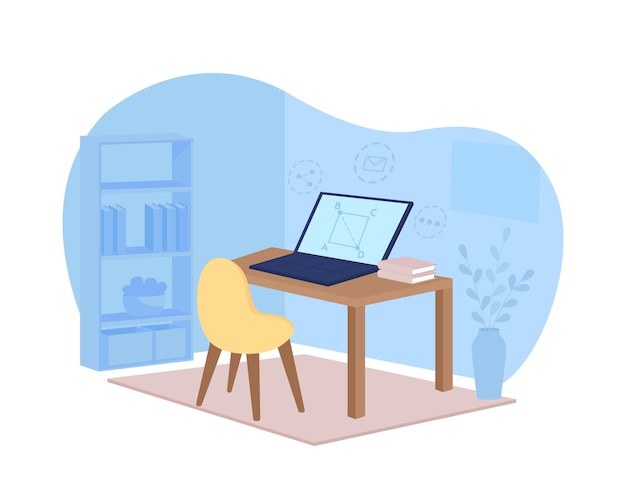 Remote learning 2D web banner, poster. Math webinar. Workstation in blue room flat scene on cartoon . Online tutorial on laptop screen printable patch, colorful web element