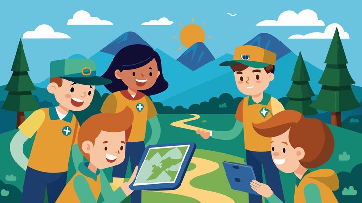 Vector in a remote location a group of scouts gathers around a tablet to plot their route for the next days
