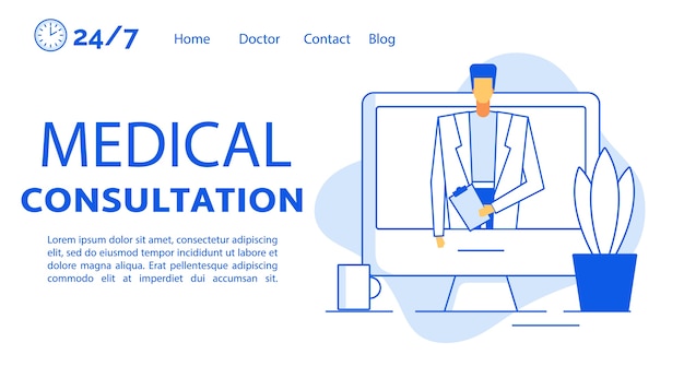 Vector remote medical consultation treatment landing page template. telemedicine, online healthcare. doctor on computer screen. internet consultation technology. virtual patient help. digital communication