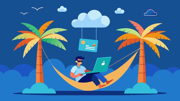 Vector at a remote tropical island a digital nomad works from a hammock strung between two palm trees with