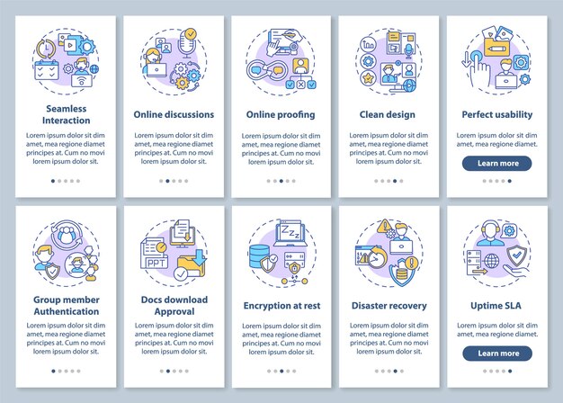 Remote Work App-functies onboarding mobiele app-paginascherm met ingestelde concepten