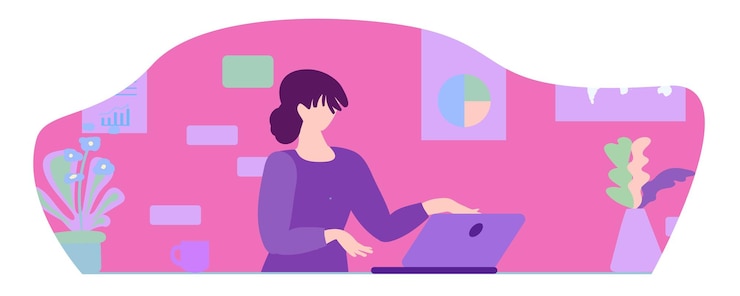 Vector remote work concept girl at the computer books schedule workplace vector illustration