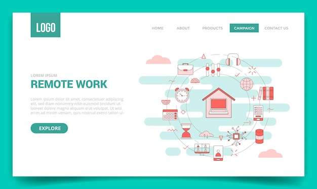 Remote work concept with circle icon for website template or landing page banner homepage outline style illustration