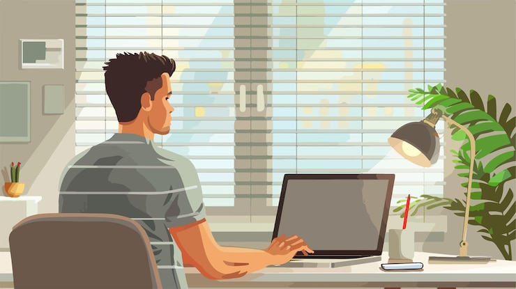 Vector remote work concept with man working on laptop in home office