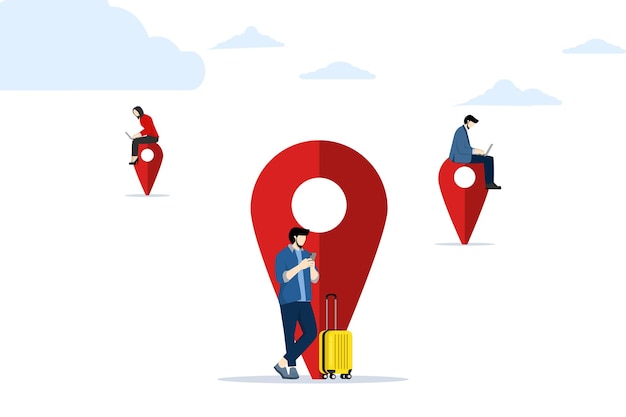 Vector remote work concept with mature man and woman working on map location pin using laptop