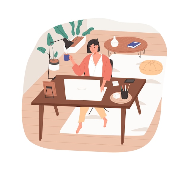 Remote work from cozy home office. woman working online at modern workplace with desk and laptop. freelancer with coffee cup at table. colored flat vector illustration isolated on white background.