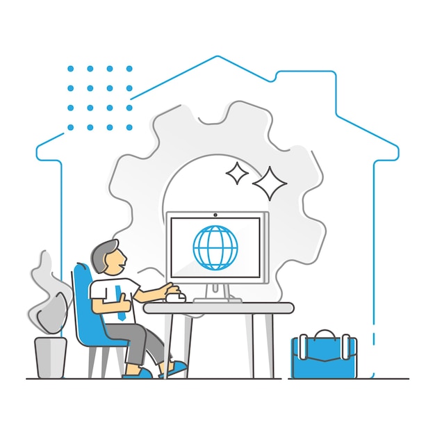 Remote work from home to take distance from office monocolor outline concept. Isolation method with domestic workplace using internet technologies to connect with job colleagues vector illustration.