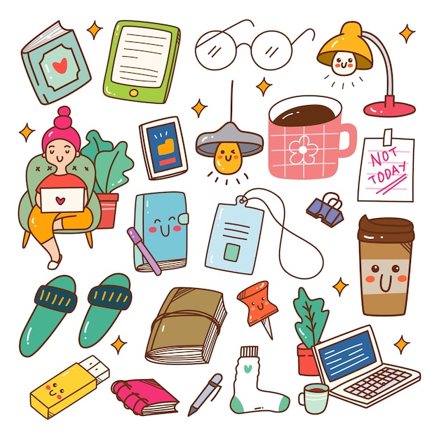 Remote working kawaii doodle set