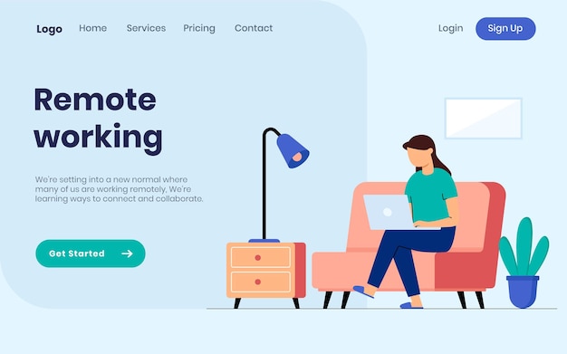 Remote working landing page illustration concept woman working from home with laptop