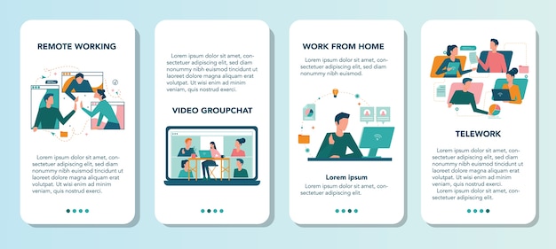 Remote working mobile application banner set. Telework and global outsourcing, Employee work from home. Social-distance during corona virus quarantine. 