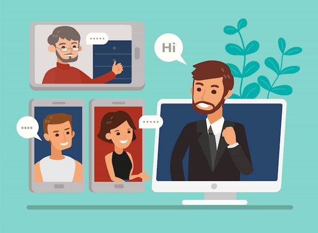 Lavorare a distanza con una riunione del team di lavoro tenuta tramite una videoconferenza. illustrazione online di concetto di riunione di stile piano di progettazione. webinar online, modulo di lavoro a casa.