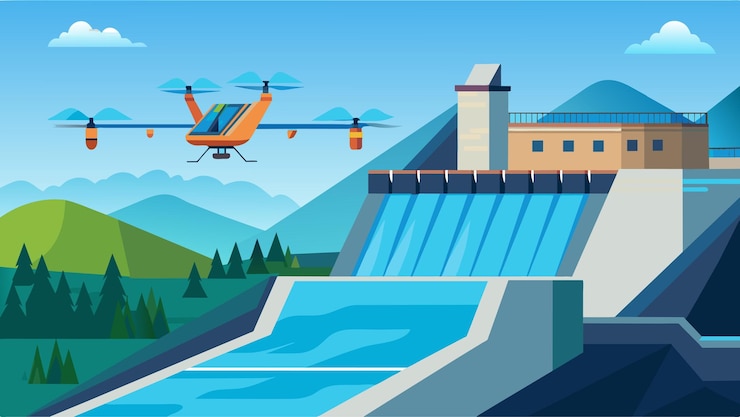 Vector a remotecontrolled drone steadily flying over the hydroelectric plant providing aerial footage for