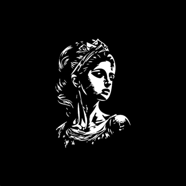 ルネサンス少女像バスト dotwork タトゥー ドット シェーディング深さ錯覚転倒タトゥー手ボディー アート スケッチ モノクロ ロゴの黒い背景に白いエンブレムを描画