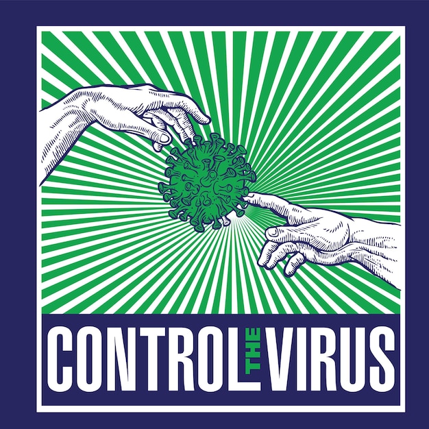 Illustrazione in stile rinascimentale delle mani con corona virus covid 19