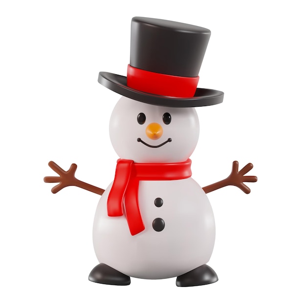 Вектор Рендер веселого снеговика в цилиндре и шарфе. векторная 3d иллюстрация