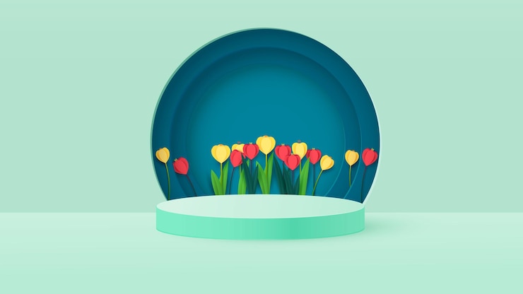 Vector render of a podium box with spring flowers. bright tulips, podium or pedestal backgrounds. 